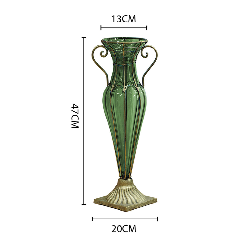 Green European Glass Flower Vase with Two Gold Metal Handle