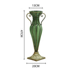 Green European Glass Flower Vase with Two Gold Metal Handle
