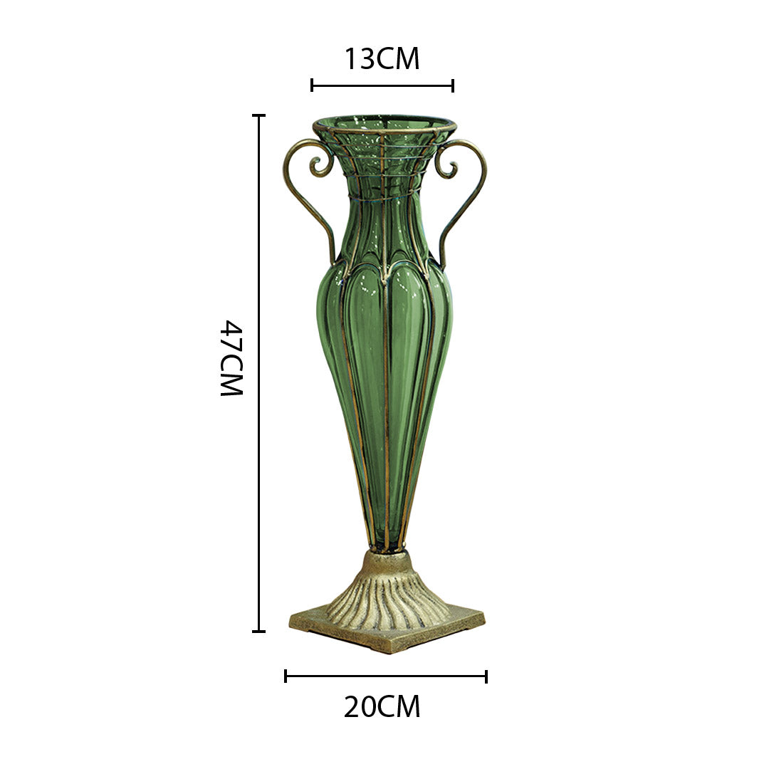 Green European Glass Flower Vase with Two Gold Metal Handle