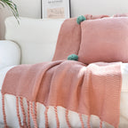 Pink Tassel Fringe Knitted Throw Blanket