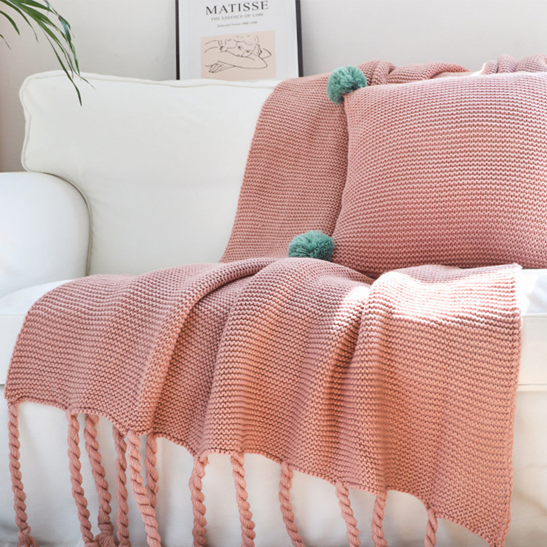 Pink Tassel Fringe Knitted Throw Blanket