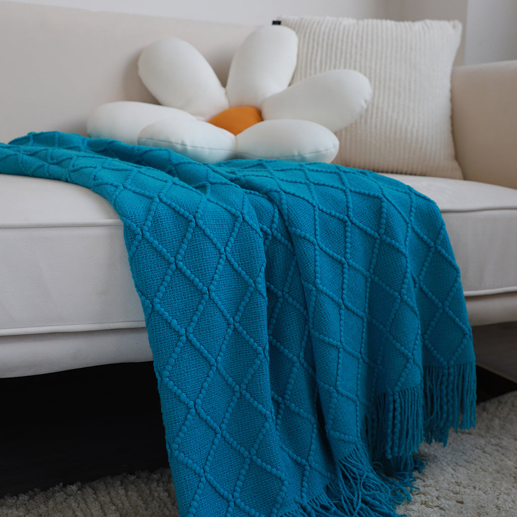 Blue Diamond Pattern Knitted Throw Blanket