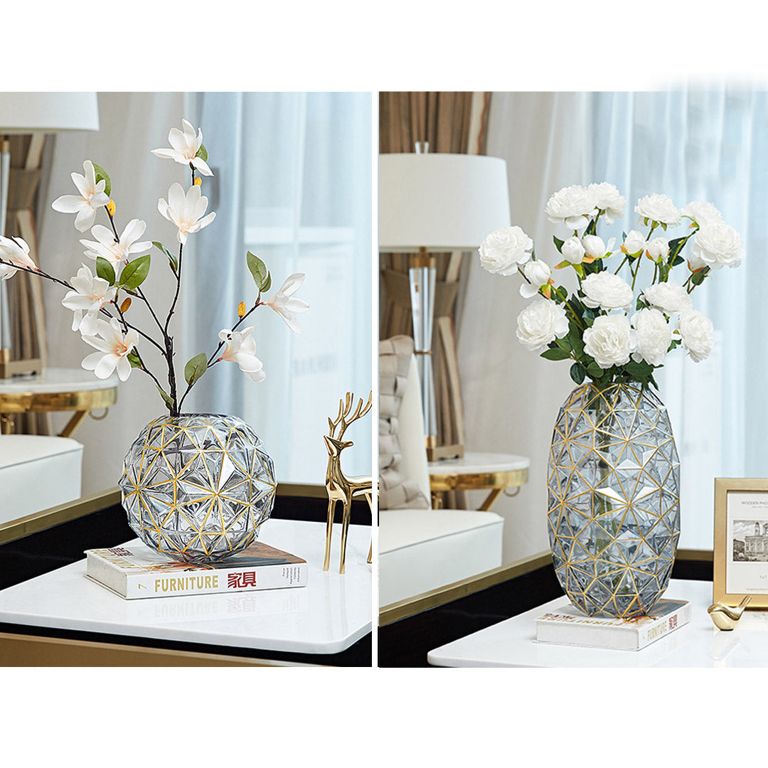 Grey Diamond Cut Glass Flower Vase with Gold Accent