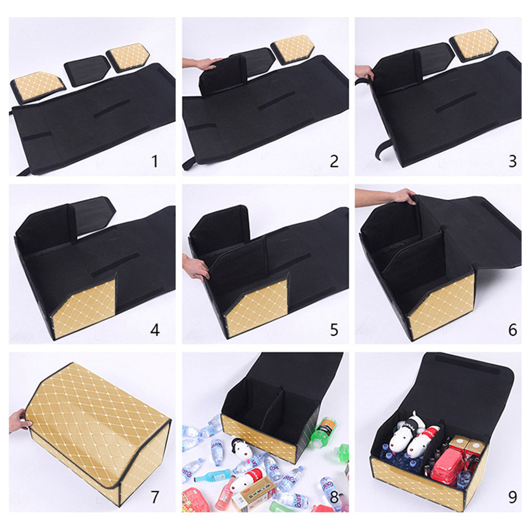 Leather Car Boot Foldable Trunk Cargo Organizer Box Beige/Gold Stitch Large