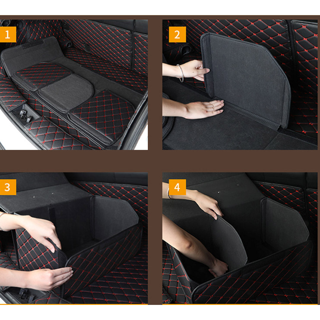 Leather Car Boot Foldable Trunk Cargo Organizer Box Black/Red Stitch Small