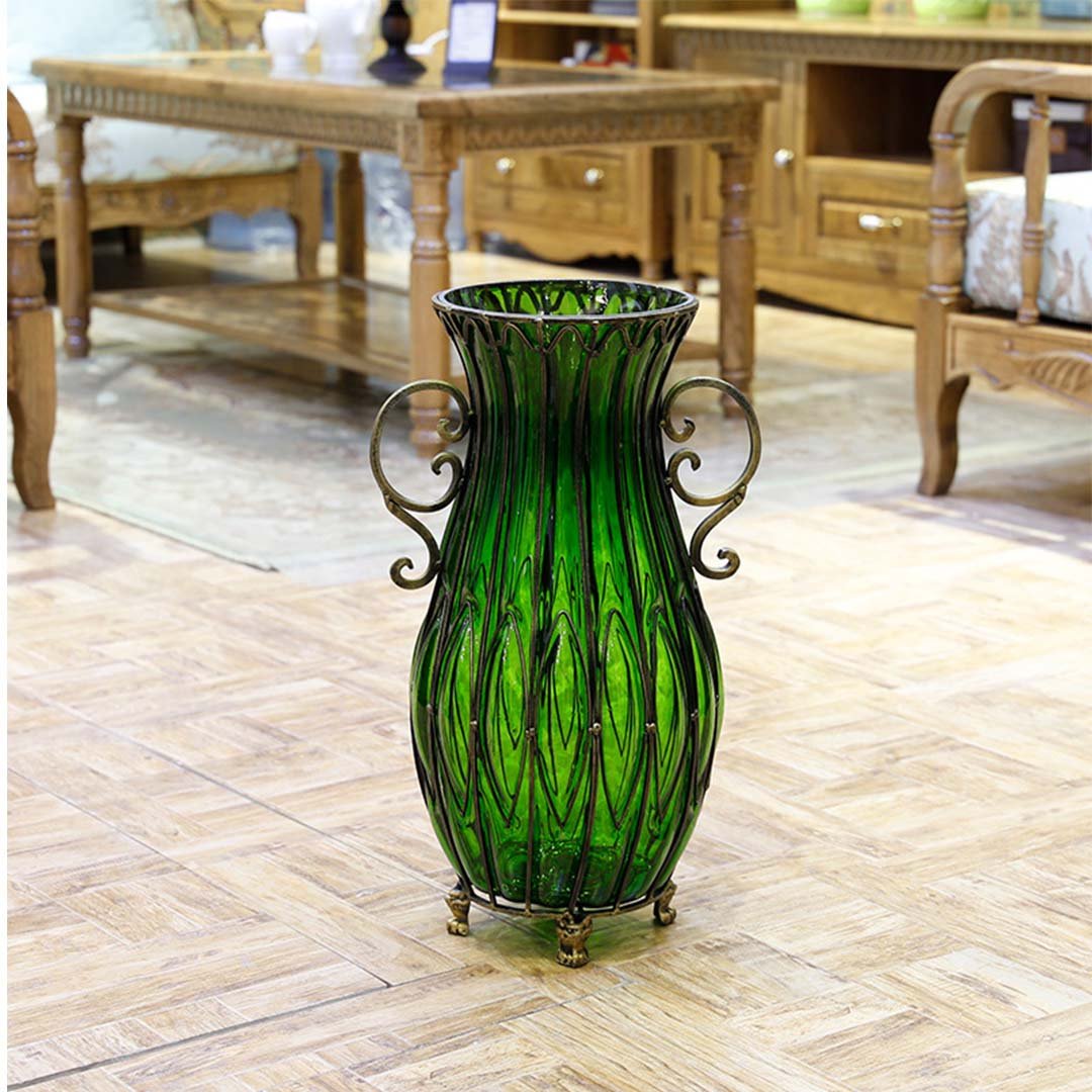 51cm Green Glass Floor Vase with Metal Stand