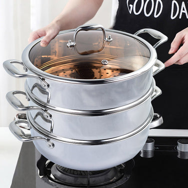 3 Tier 28cm Stainless Steel Food Steamer with Glass Lid