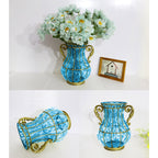 Blue European Glass Flower Vase with Two Metal Handle