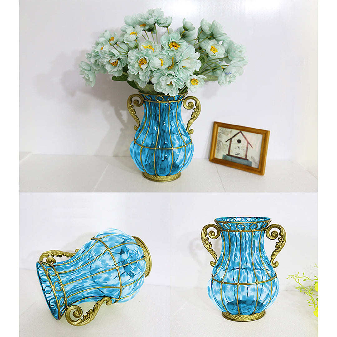 Blue European Glass Flower Vase with Two Metal Handle