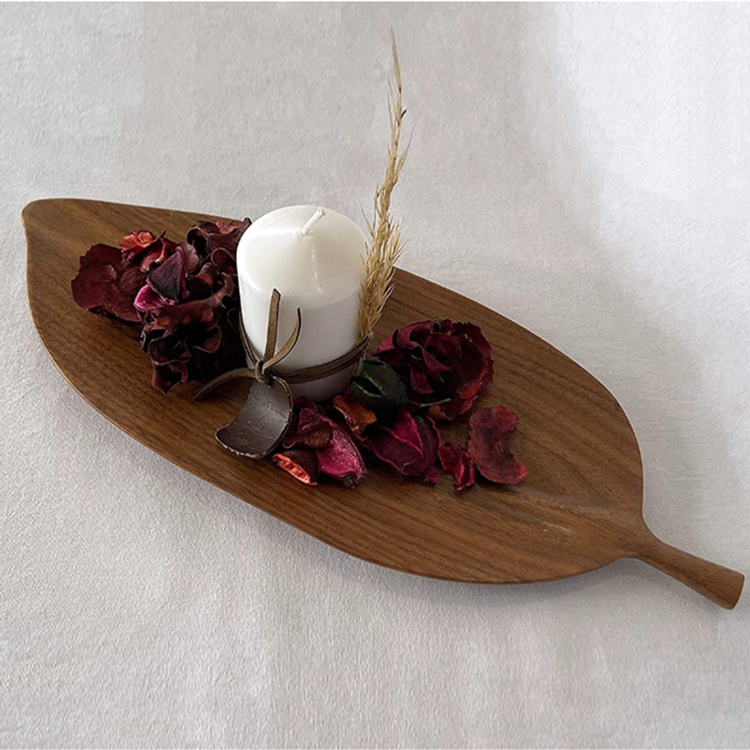 Set of 2 Walnut Leaf Shape Wooden Tray