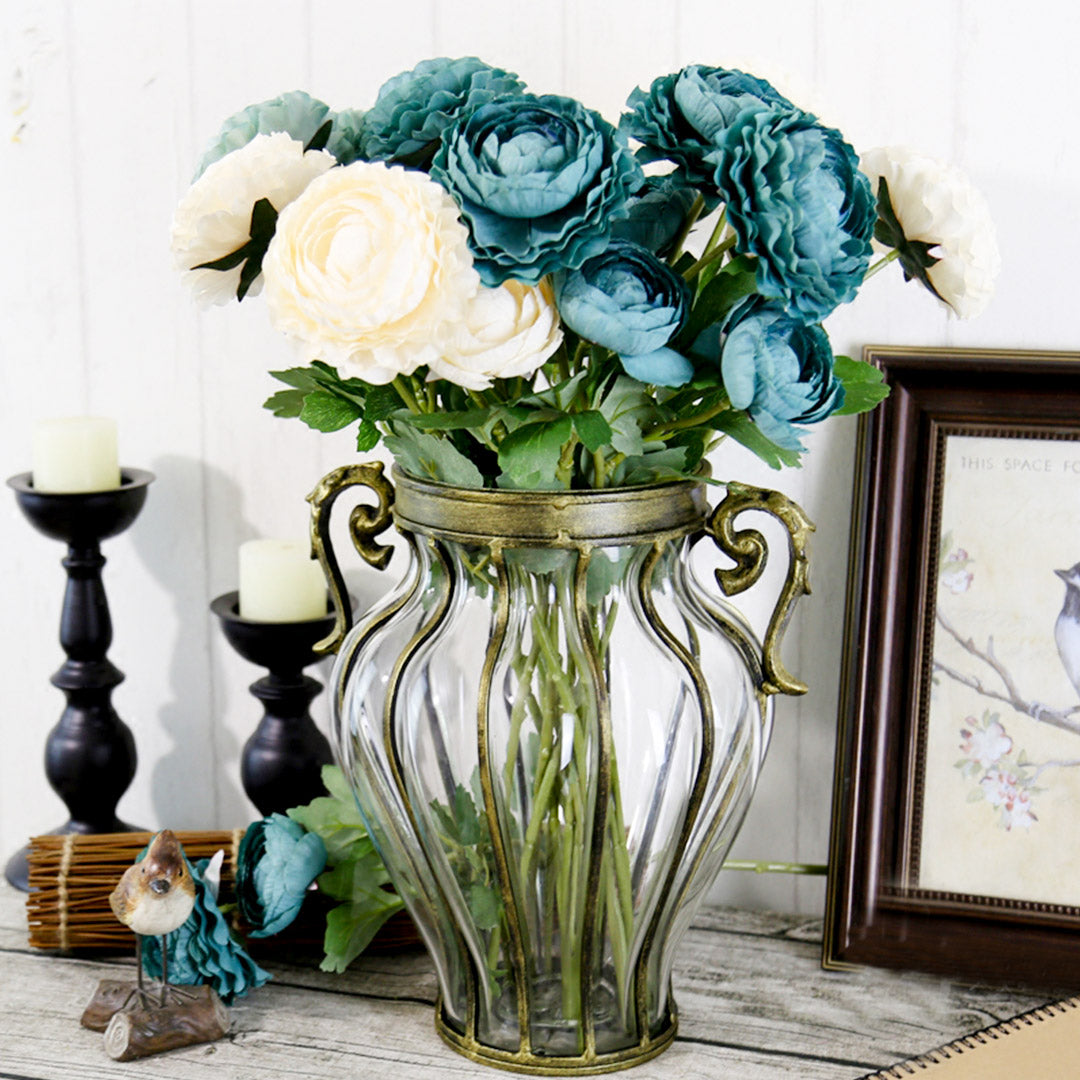 Clear European Glass Flower Vase with Two Metal Handle