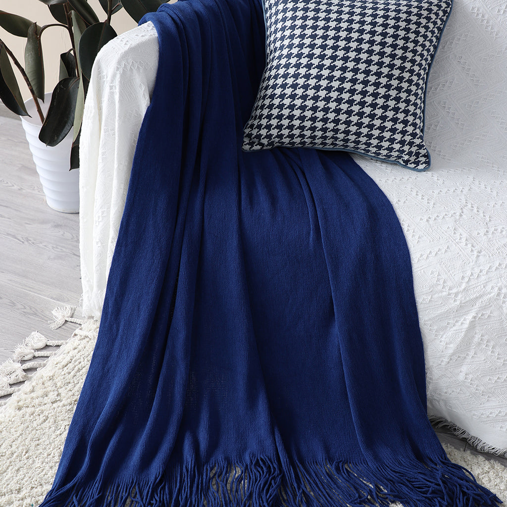 Royal Blue Acrylic Knitted Throw Blanket
