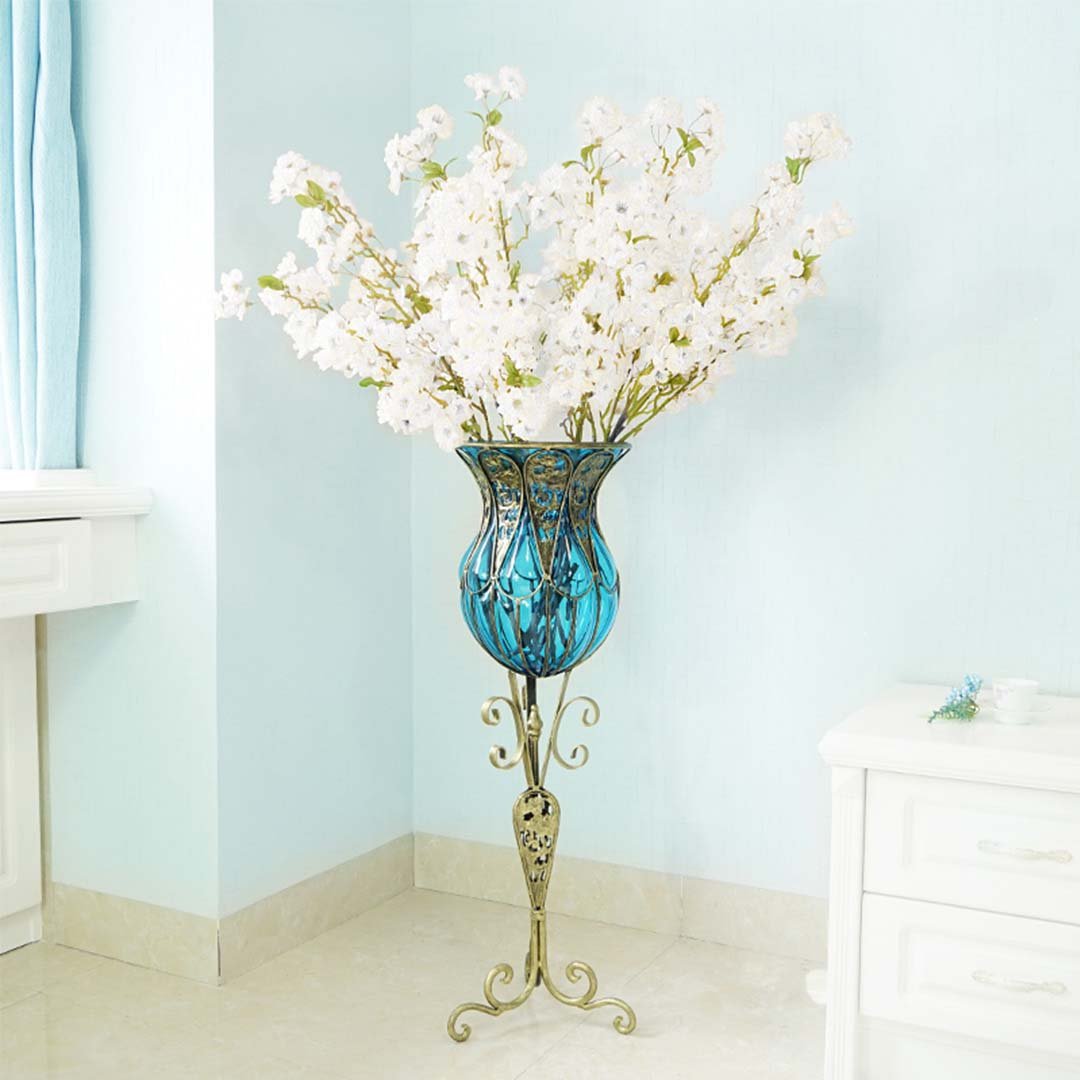 85cm Blue Glass Floor Vase with Tall Metal Stand