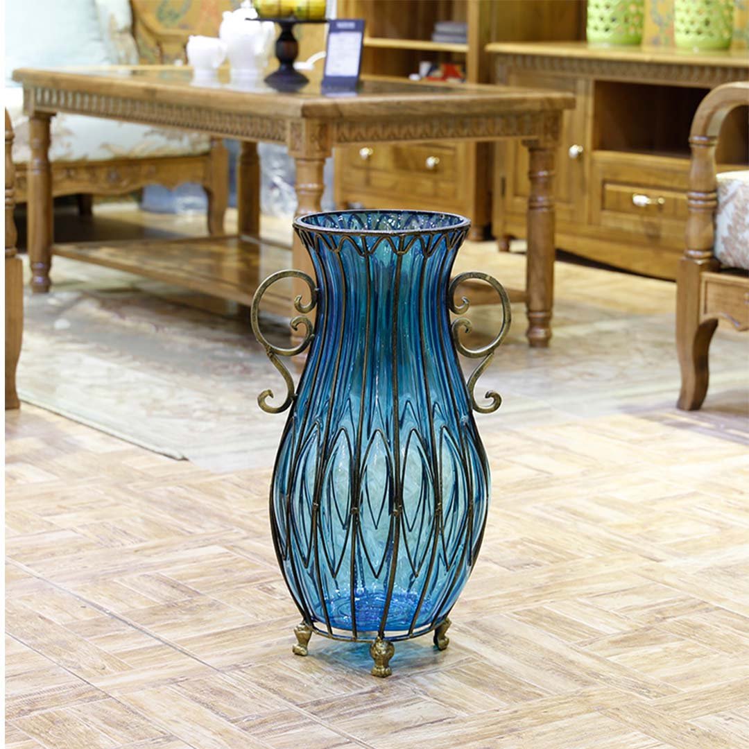 51cm Blue Glass Floor Vase with Metal Stand