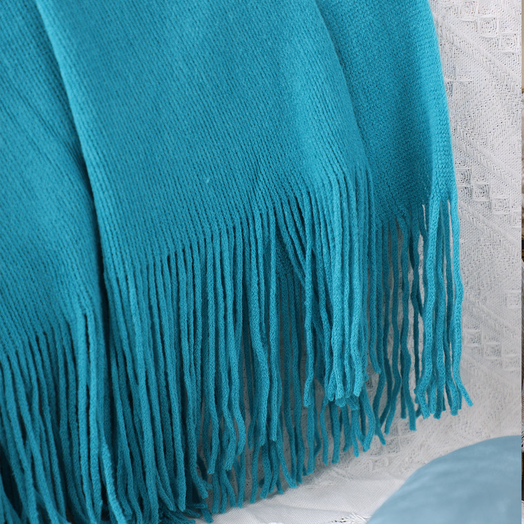Blue Acrylic Knitted Throw Blanket