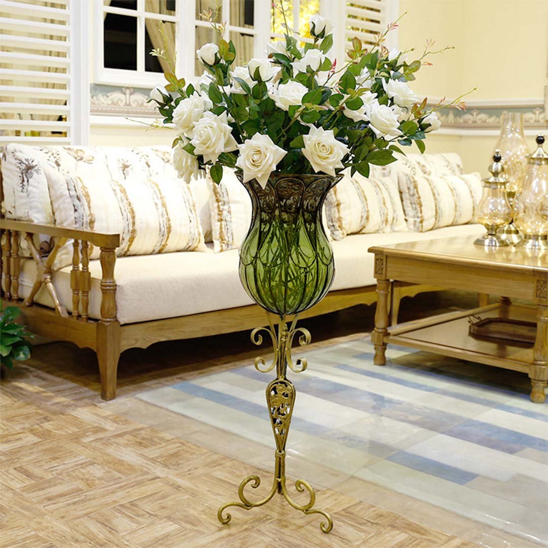 85cm Green Glass Floor Vase with Tall Metal Stand