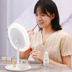 White 2 Tier Cosmetic Storage with Brush Lipstick Holder Organiser and LED Light Tabletop Mirror Set
