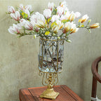 European Clear Glass Flower Vase with Gold Metal Pattern