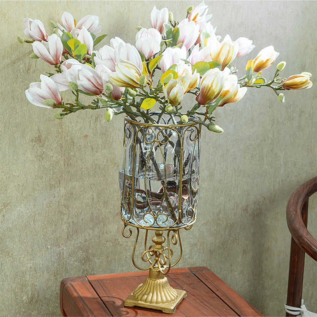 European Clear Glass Flower Vase with Gold Metal Pattern