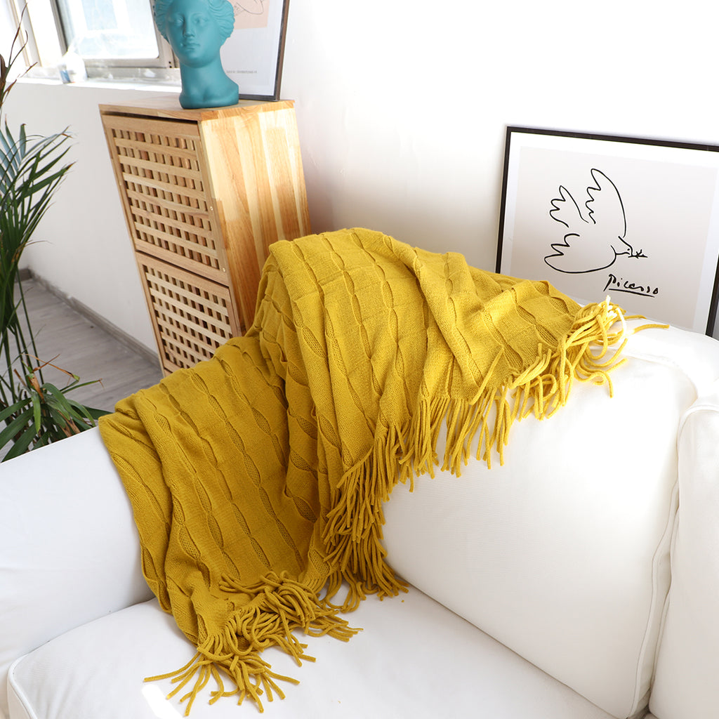 Mustard Textured Knitted Throw Blanket