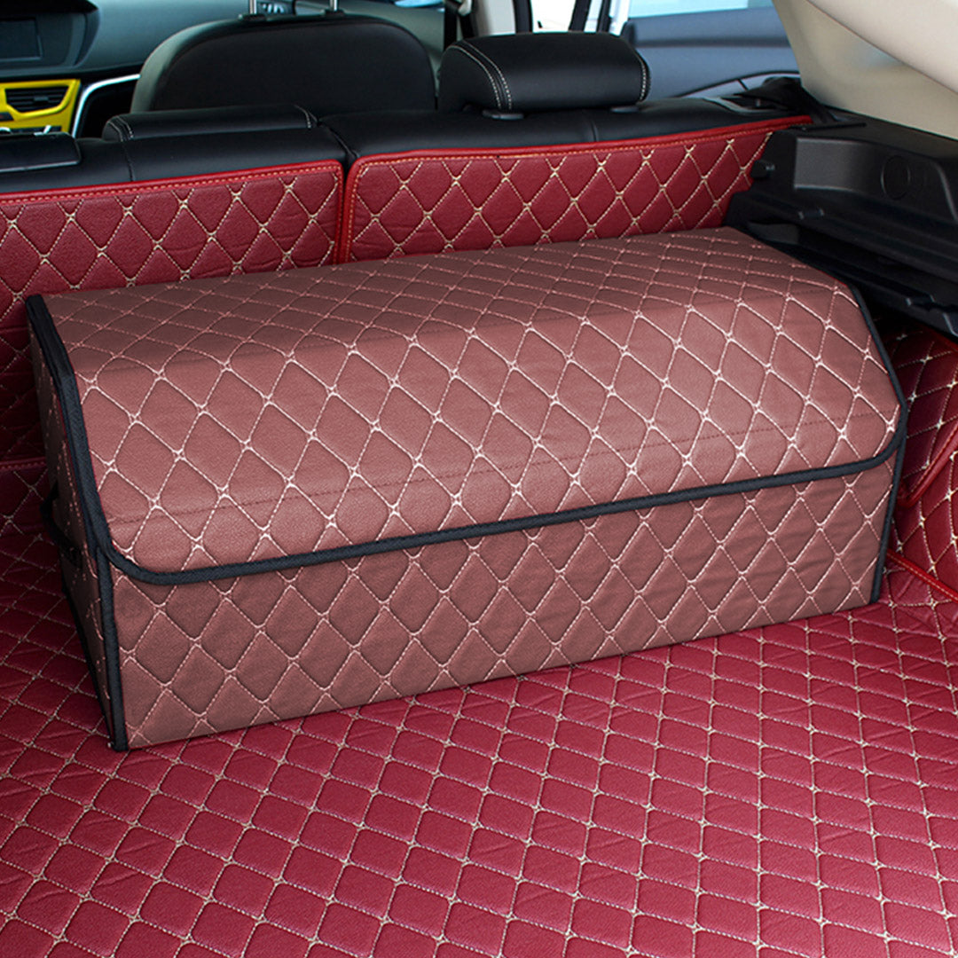 Leather Car Boot Foldable Trunk Cargo Organizer Box Coffee/Gold Stitch Large