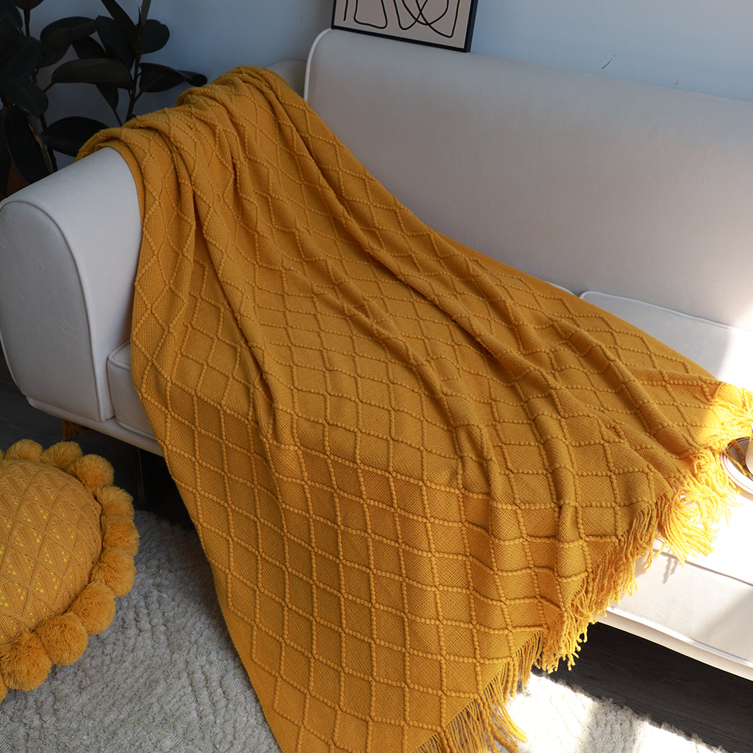 Yellow Diamond Pattern Knitted Throw Blanket