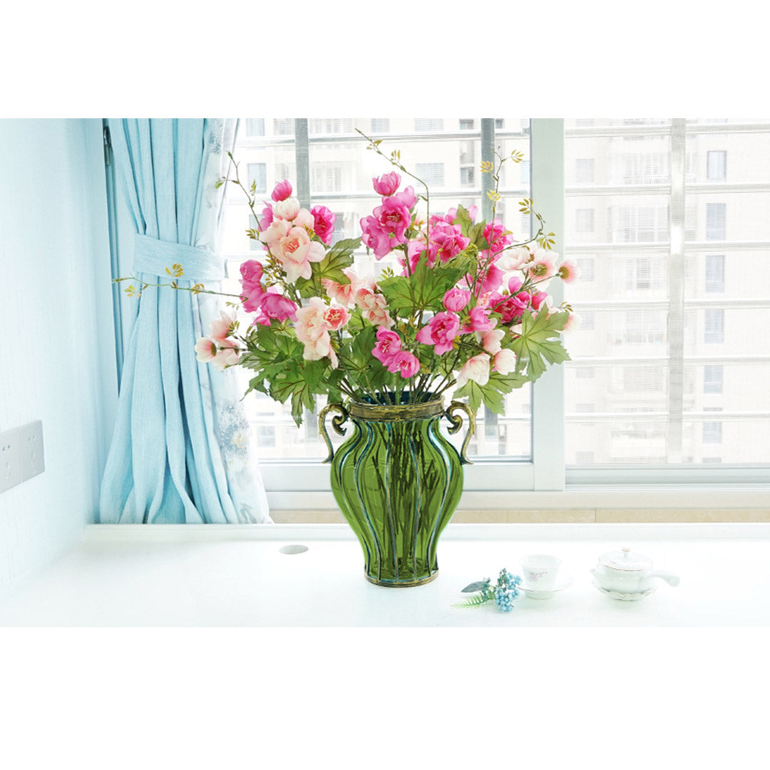 Green European Glass Flower Vase with Two Metal Handle