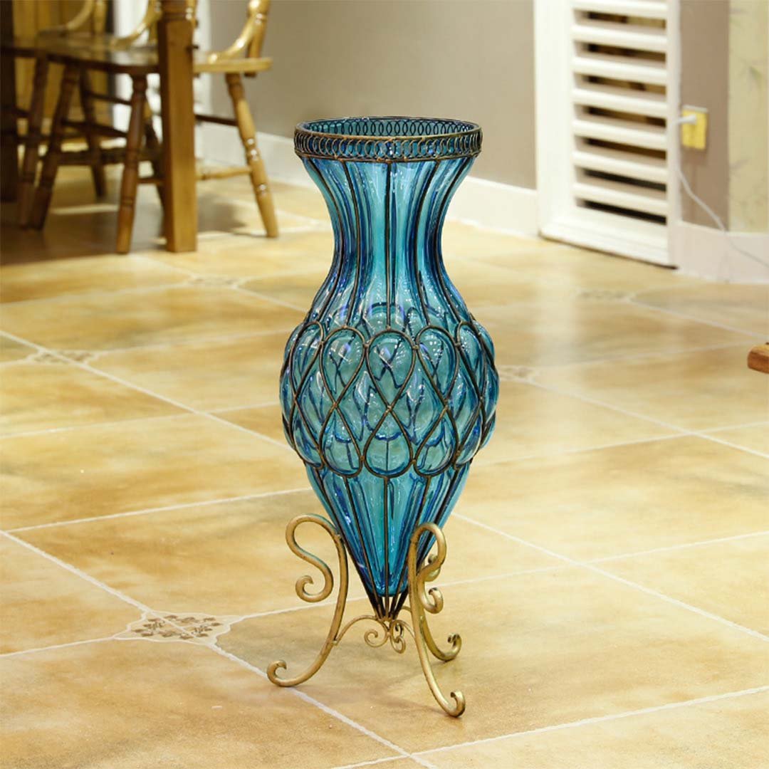 67cm Blue Glass Floor Vase with Metal Stand