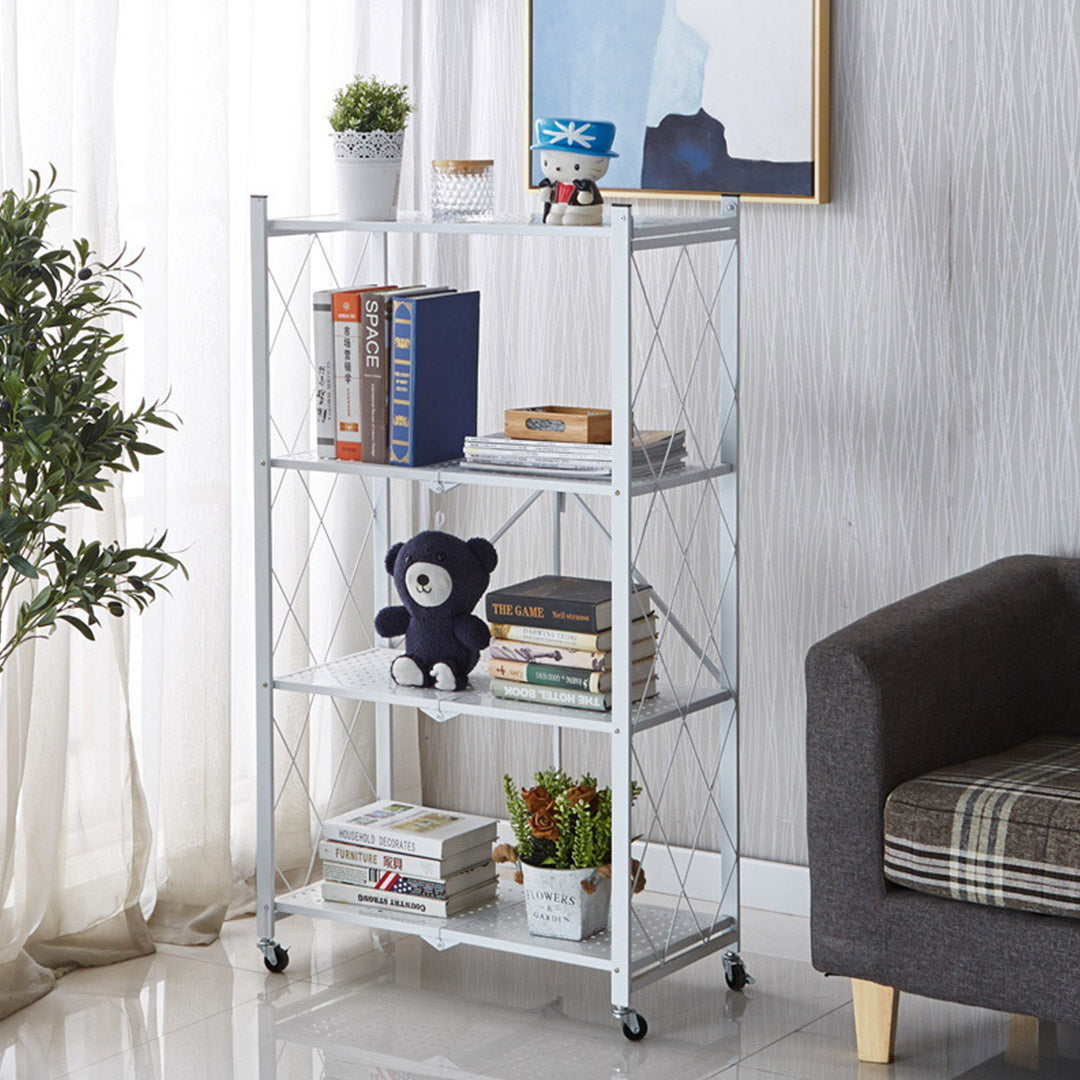 4 Tier Foldable Kitchen Shelves with Wheels White