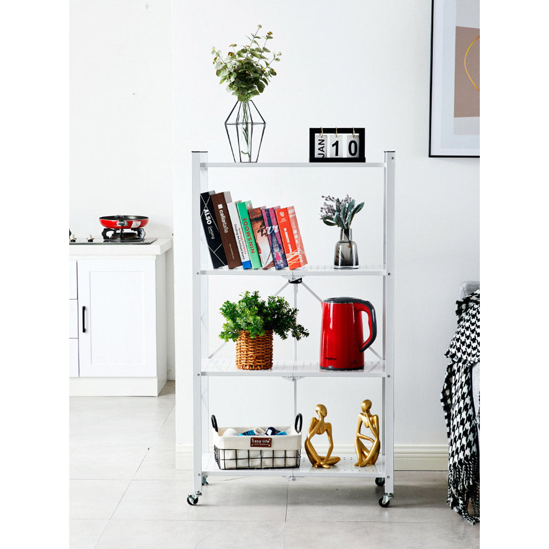 4 Tier Foldable Kitchen Shelves with Wheels White