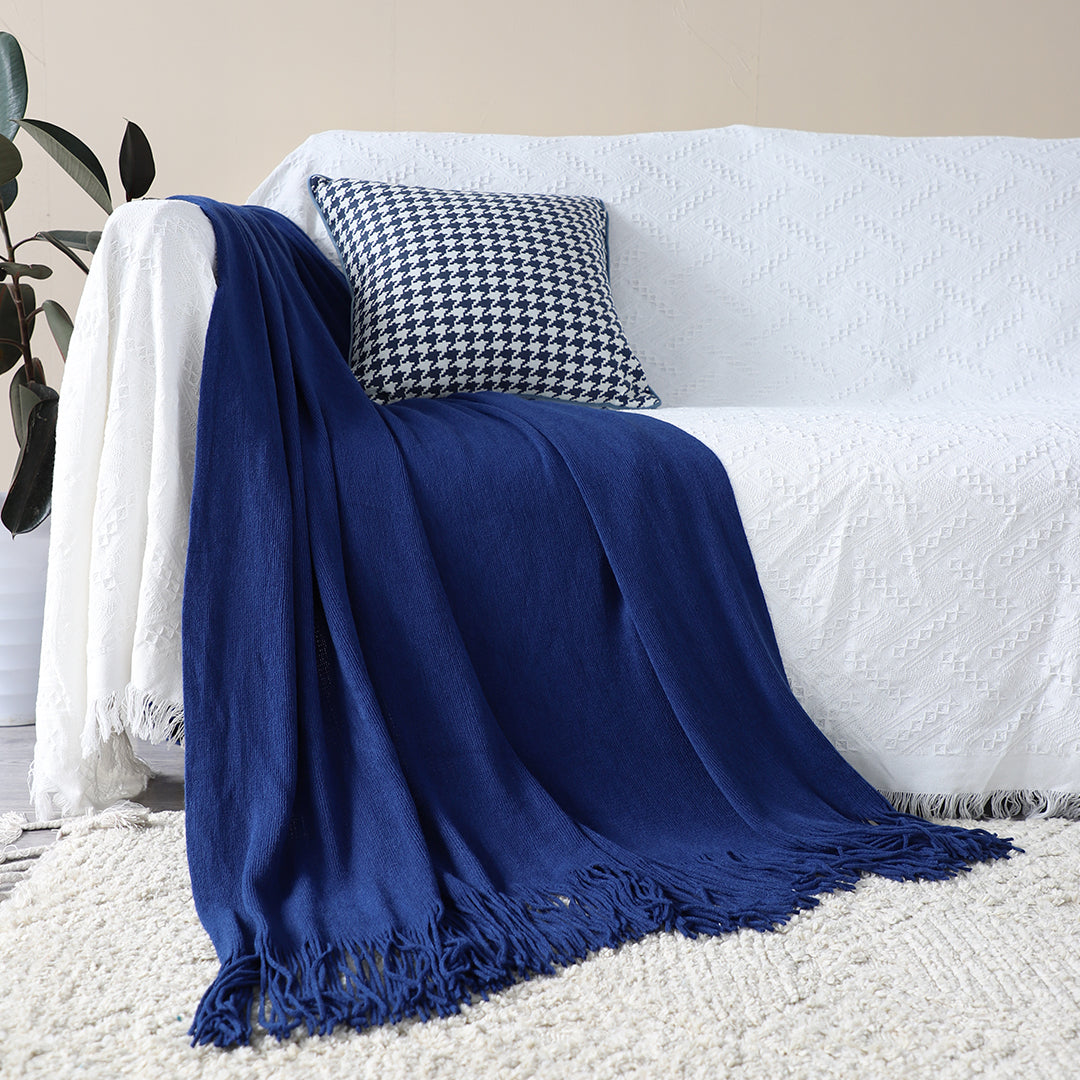 Royal Blue Acrylic Knitted Throw Blanket