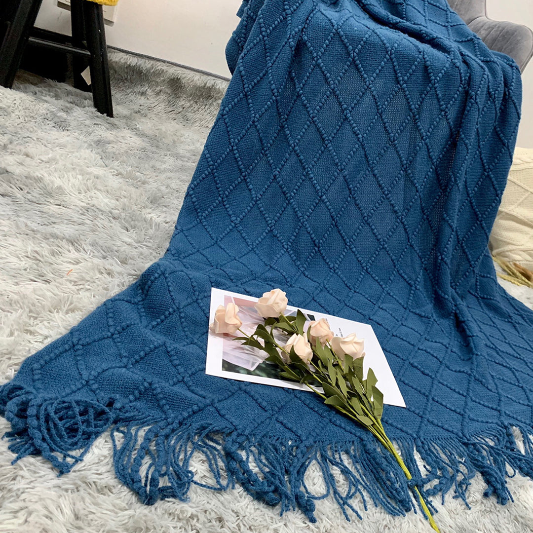 Royal Blue Diamond Pattern Knitted Throw Blanket