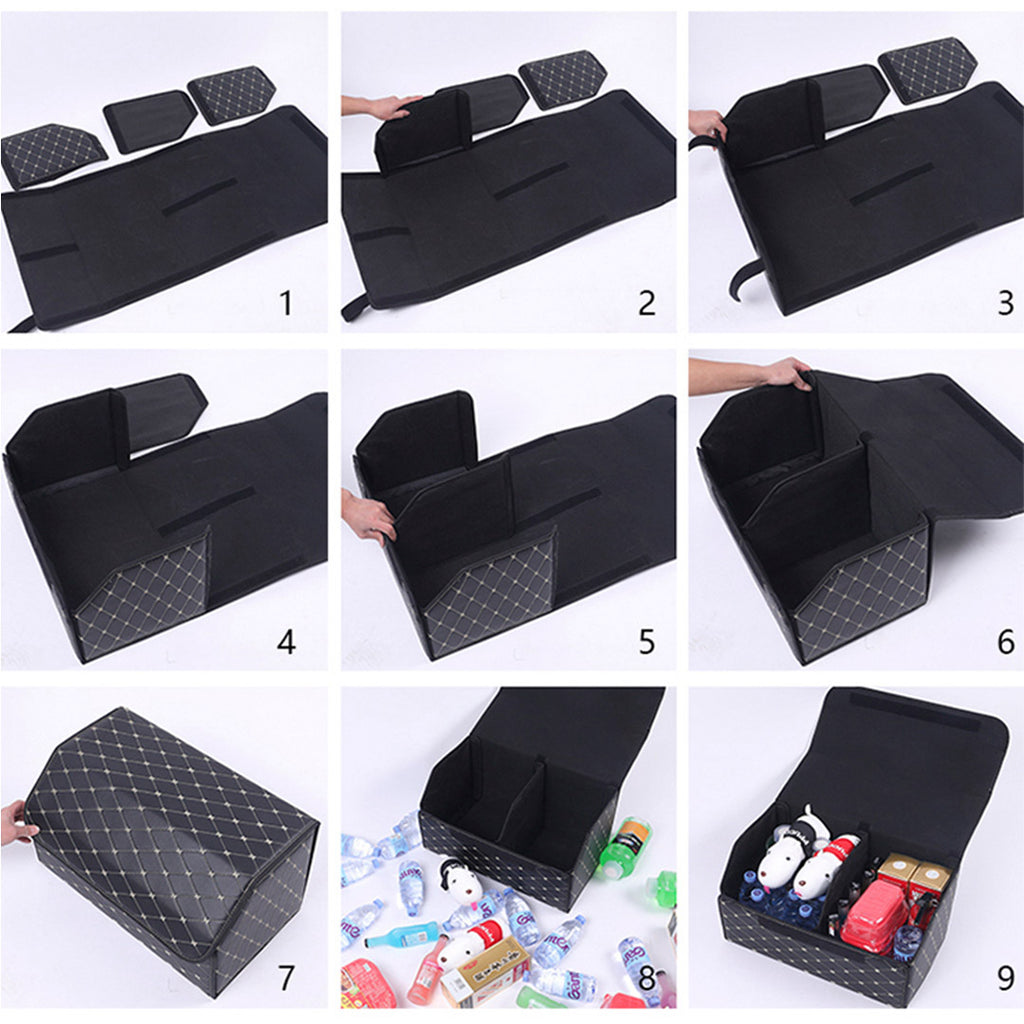 Leather Car Boot Foldable Trunk Cargo Organizer Box Black/Gold Stitch Large