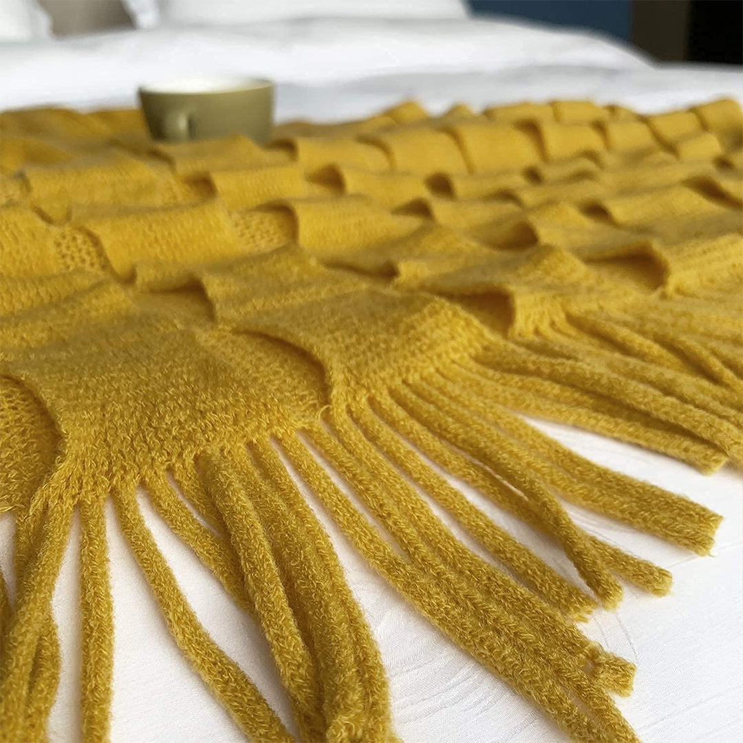 Mustard Textured Knitted Throw Blanket