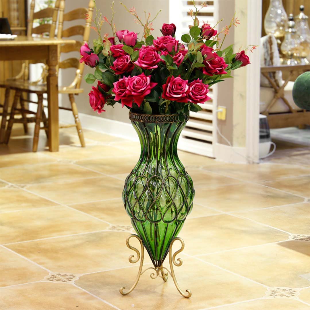 67cm Green Glass Floor Vase with Metal Stand