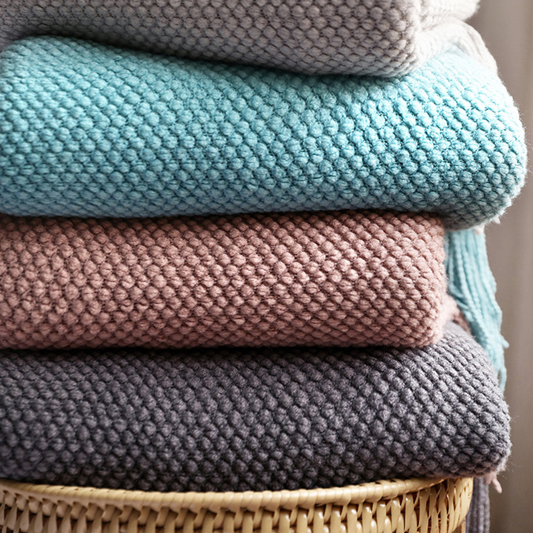 Green Tassel Fringe Knitted Throw Blanket