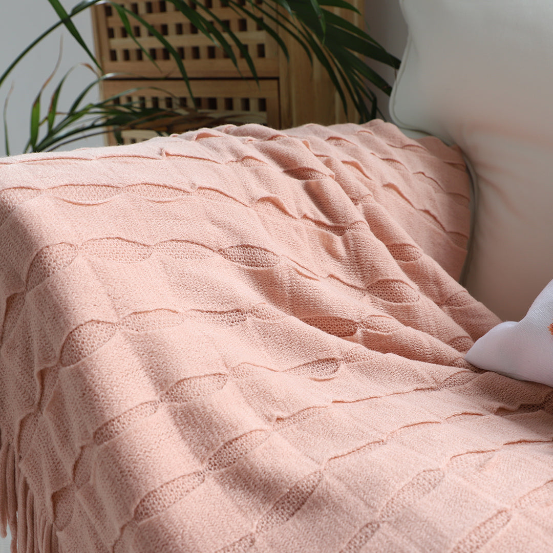 Pink Textured Knitted Throw Blanket