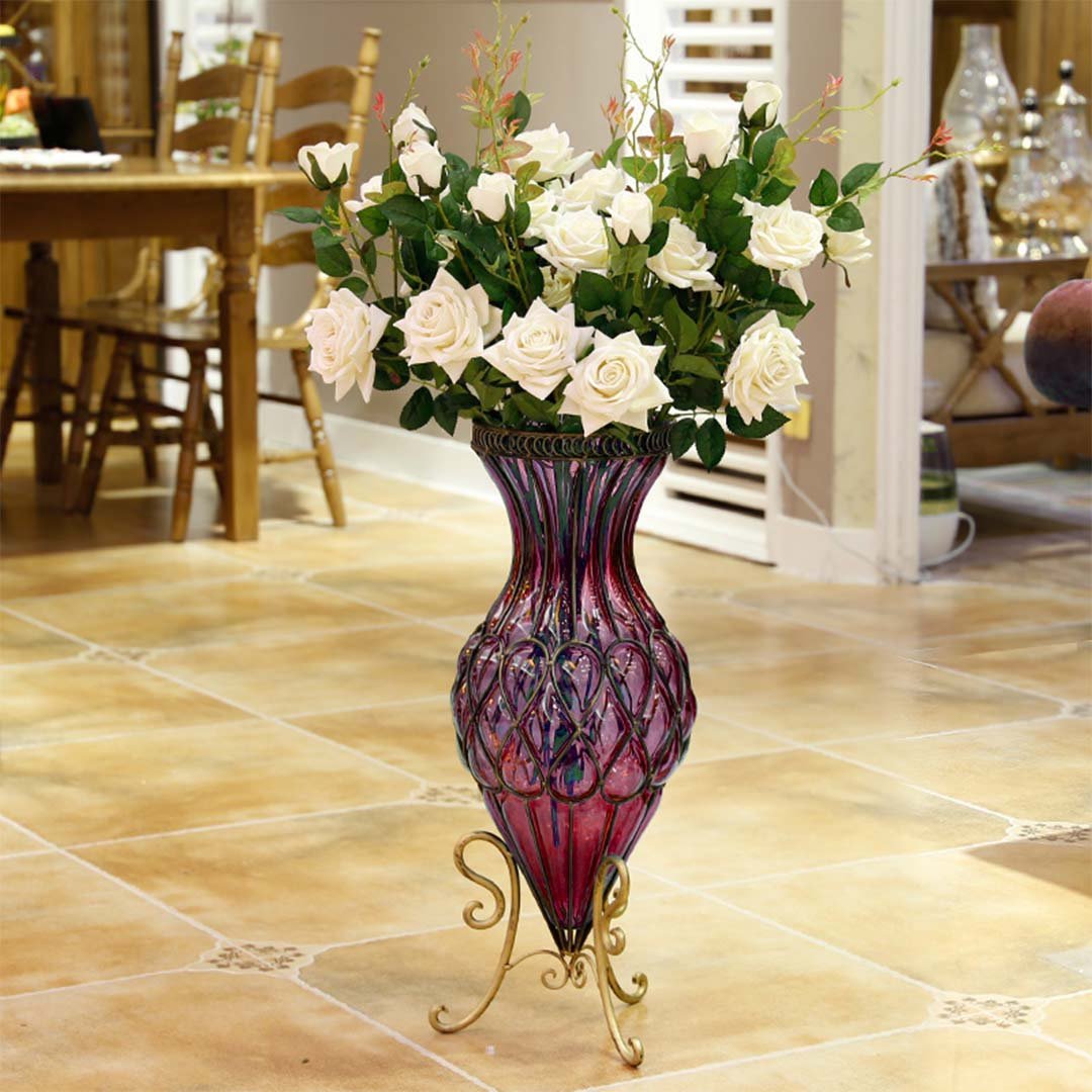 67cm Purple Glass Floor Vase with Metal Stand