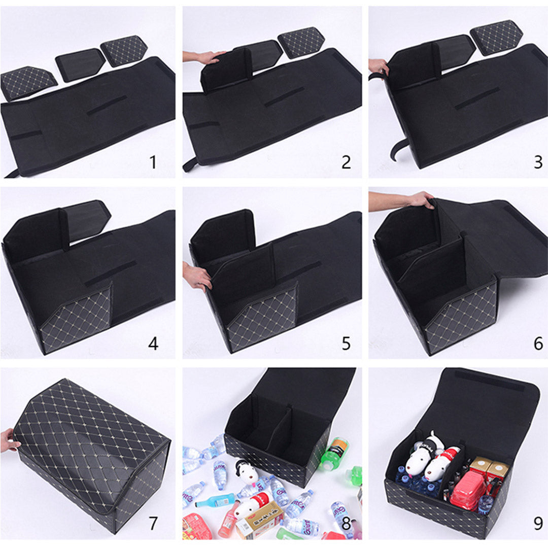 Leather Car Boot Foldable Trunk Cargo Organizer Box Black/Gold Stitch Small