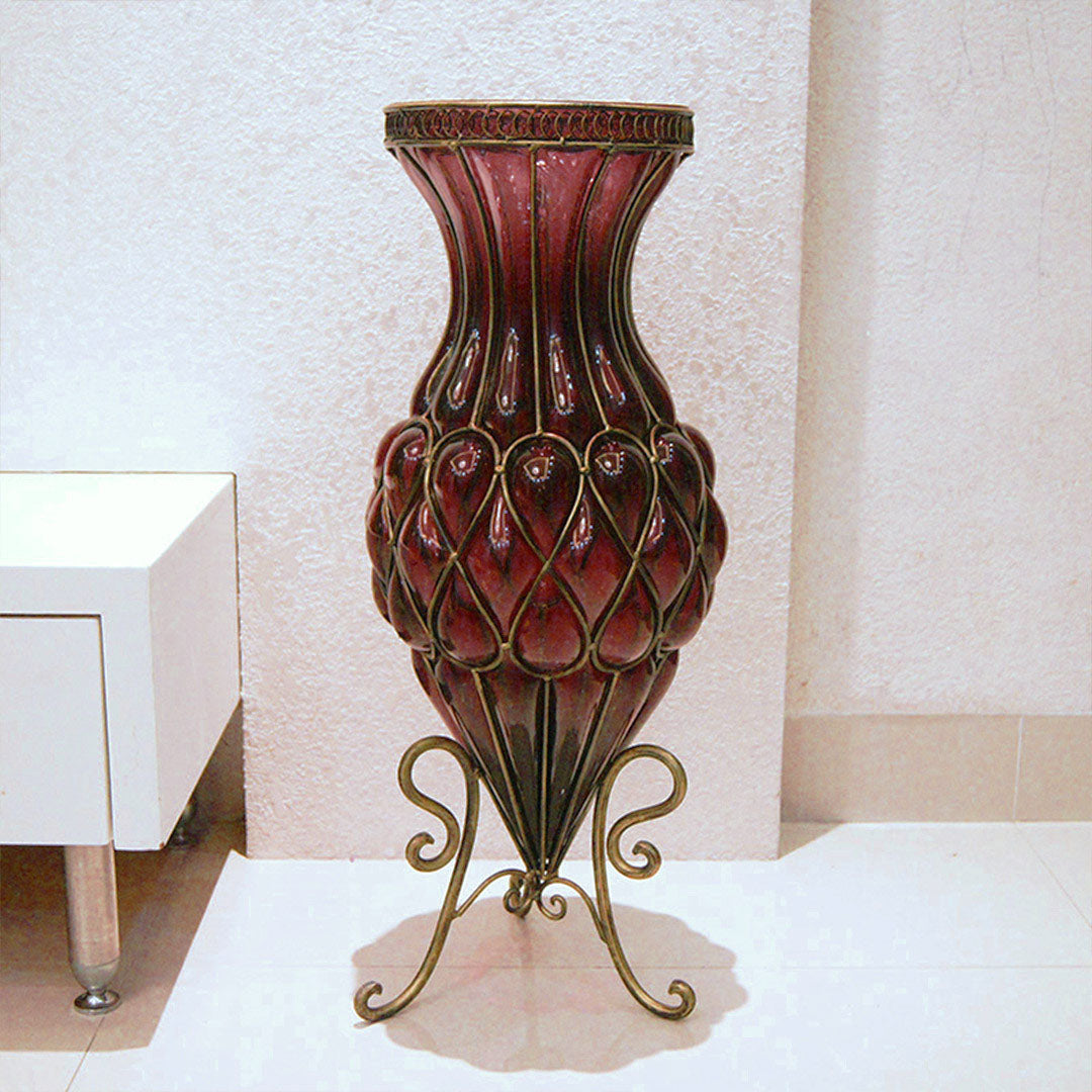 67cm Purple Glass Floor Vase and 12pcs Dark Pink Artificial Flower Set