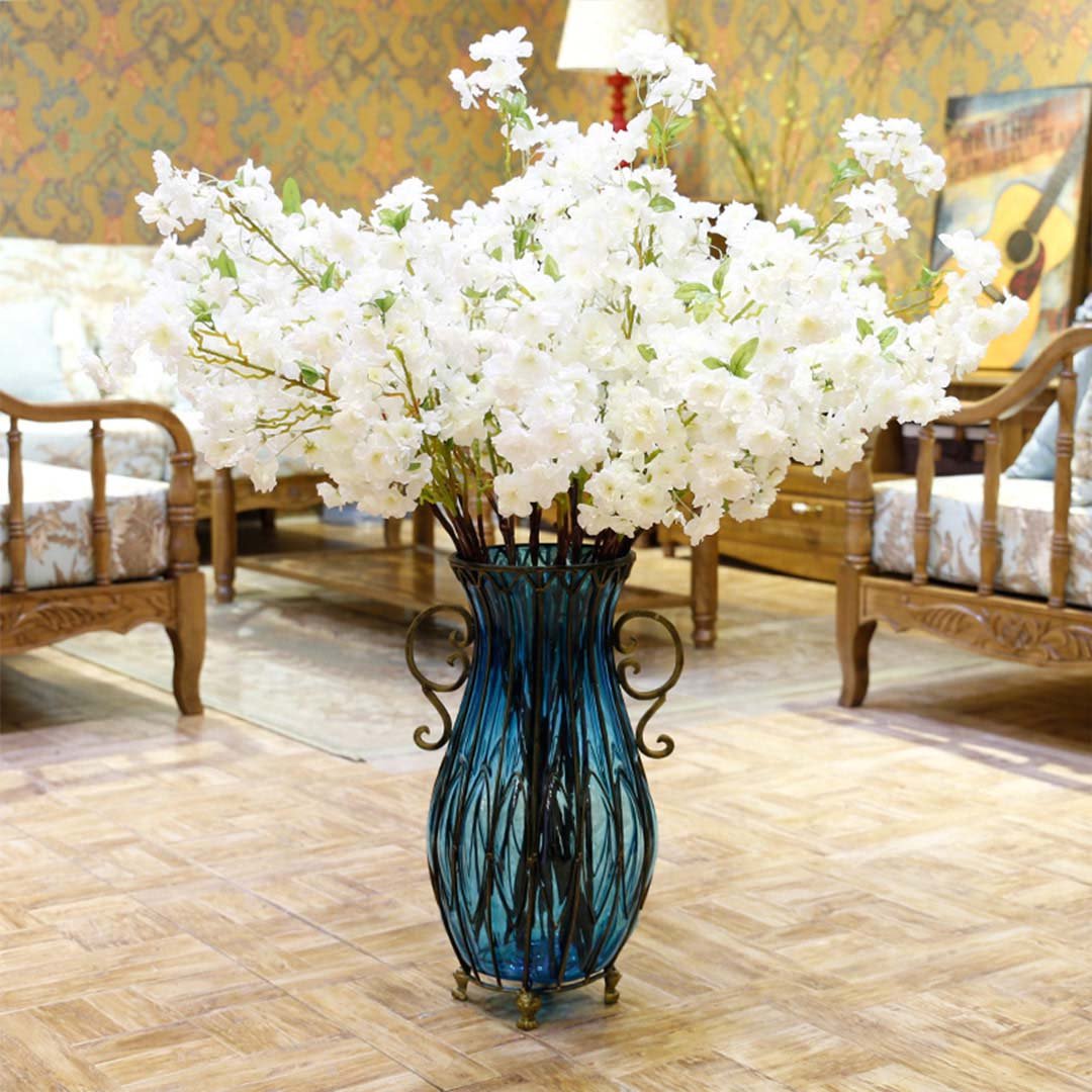 51cm Blue Glass Floor Vase with Metal Stand