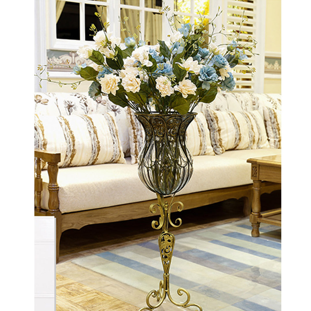 85cm European Clear Glass Floor Flower Vase with Tall Metal Stand