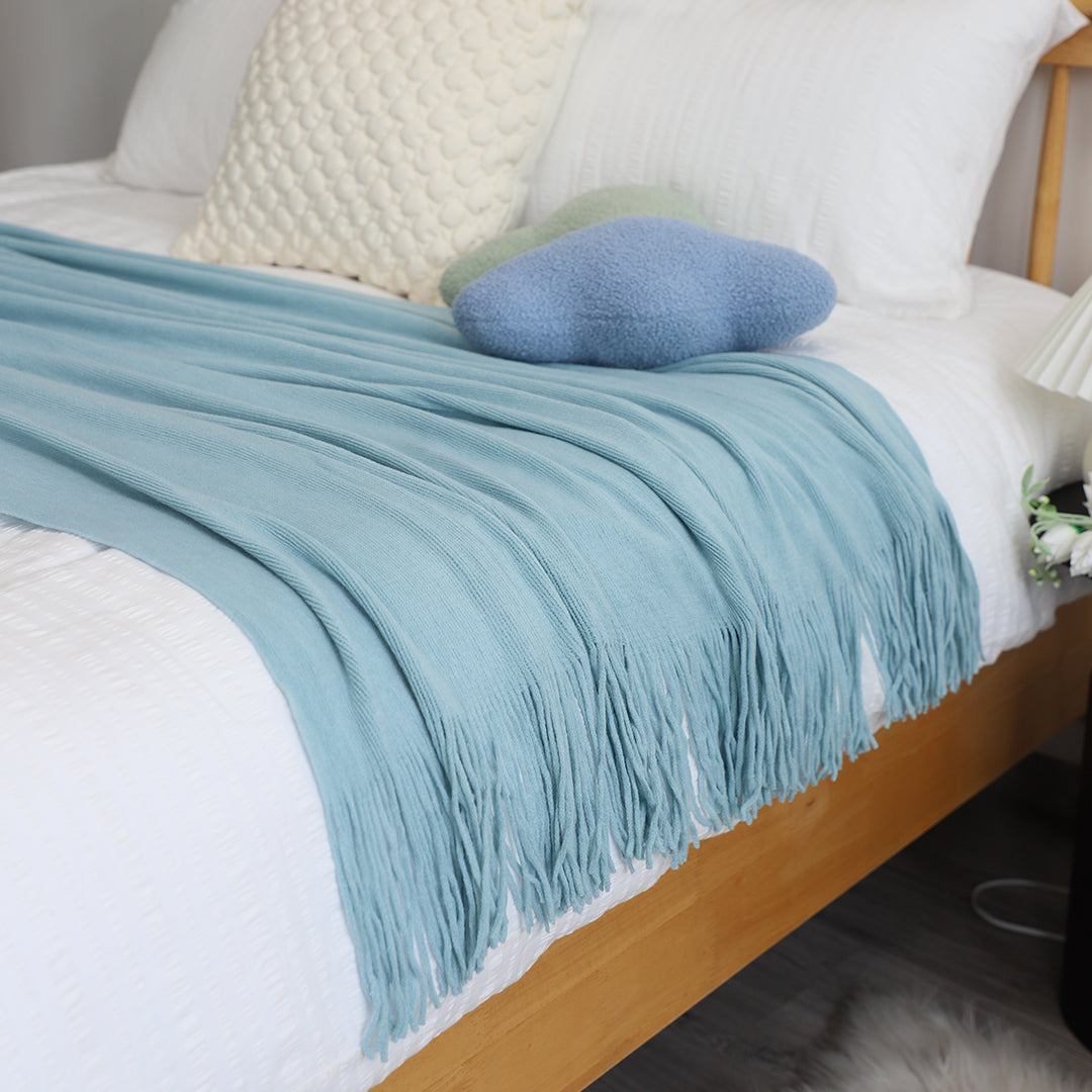 Sky Blue Acrylic Knitted Throw Blanket