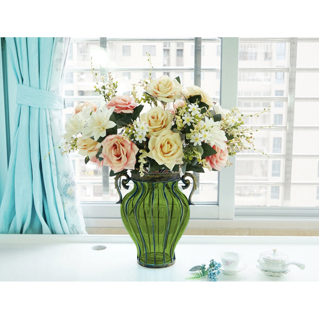 Green European Glass Flower Vase with Two Metal Handle