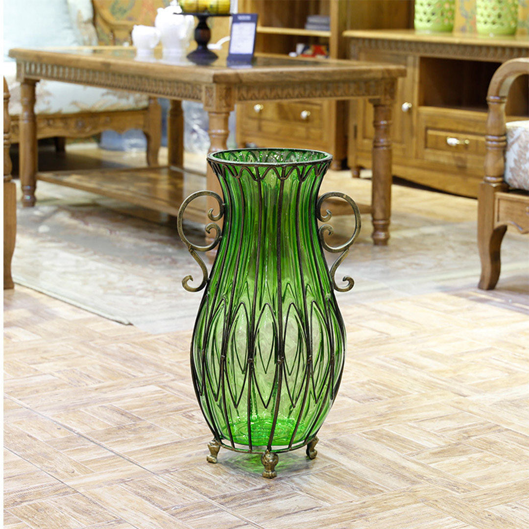 51cm Green Glass Floor Vase with 12pcs Artificial Flower Set