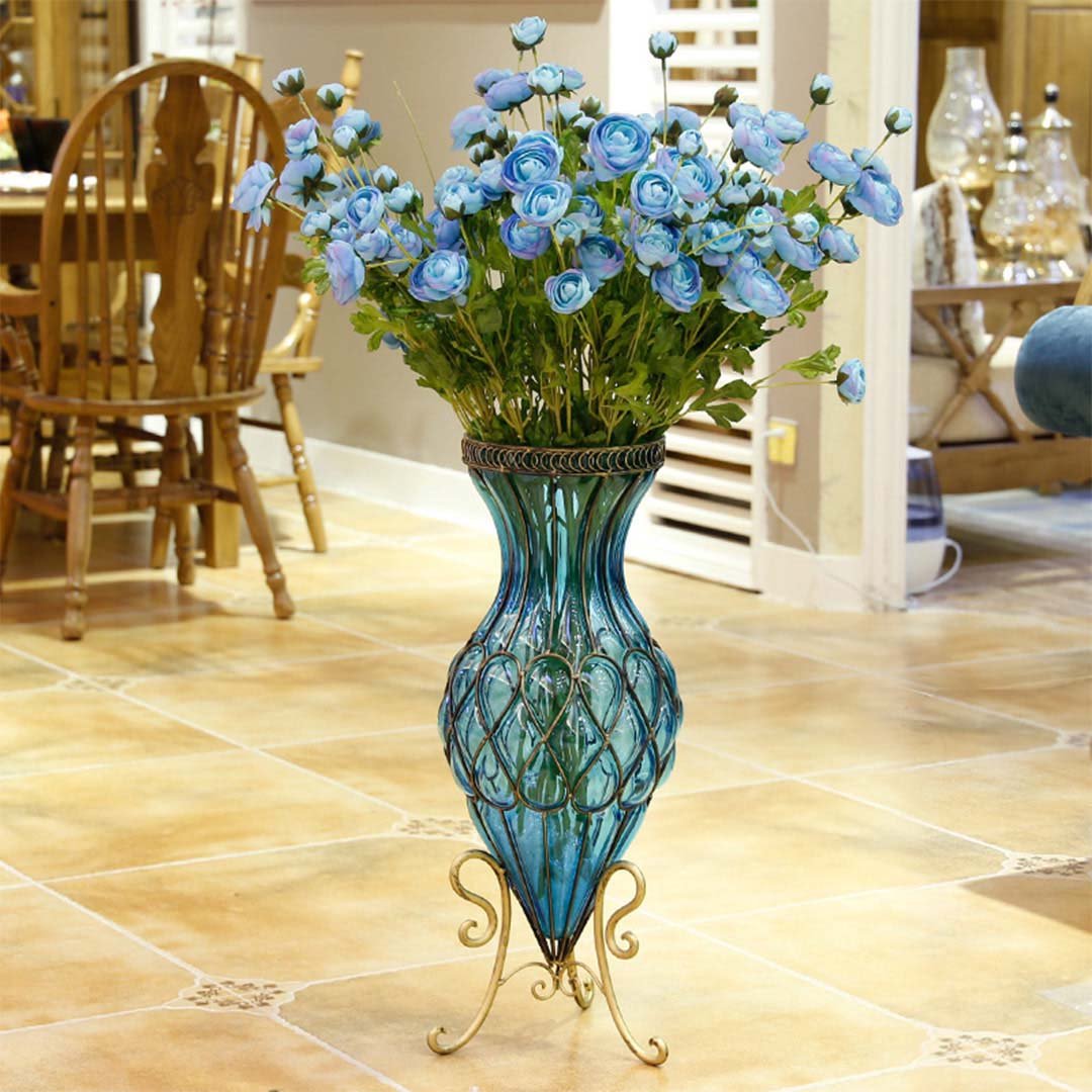 67cm Blue Glass Floor Vase with Metal Stand