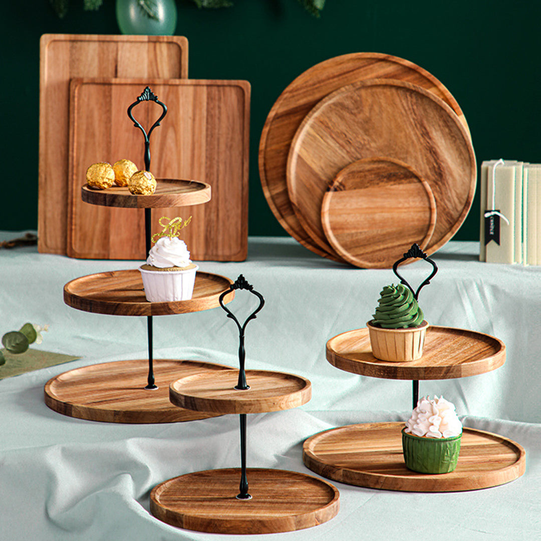 20cm 2 Tier  Brown Round Wooden Acacia board