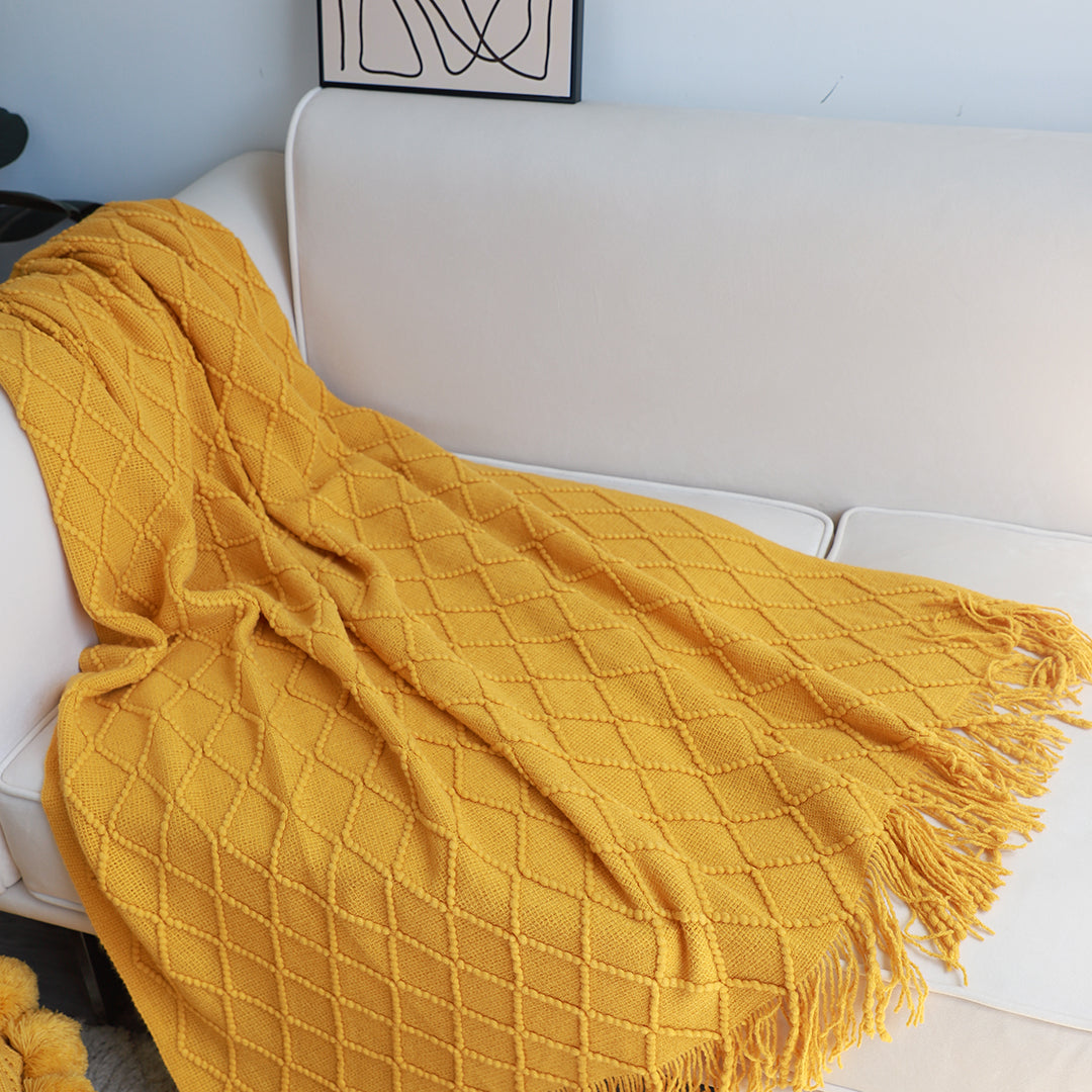 Yellow Diamond Pattern Knitted Throw Blanket