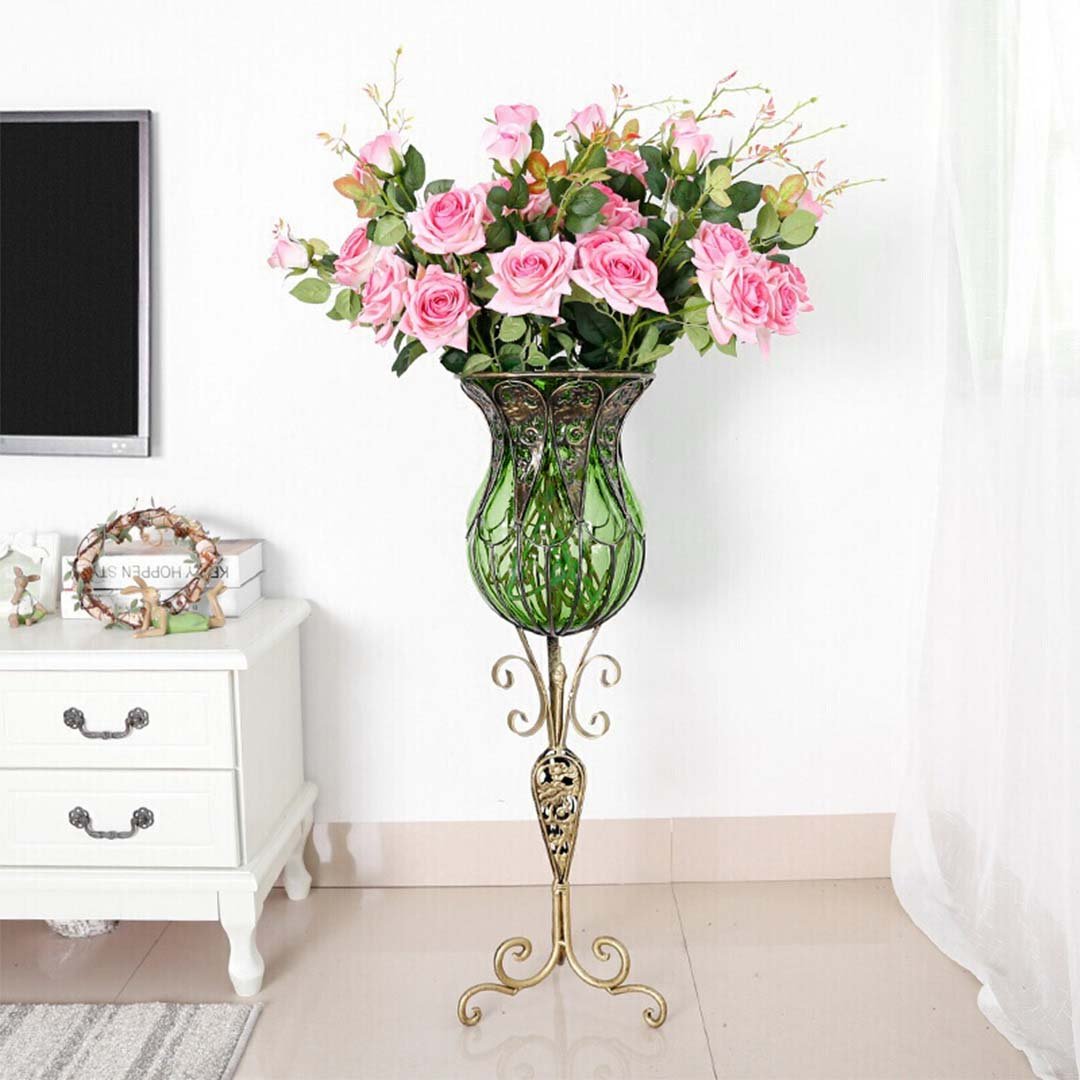 85cm Green Glass Floor Vase with Tall Metal Stand