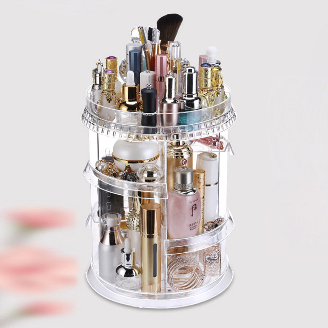 360 Degree Rotating Cosmetic Storage Organiser with White LED Light Tabletop Mirror Set